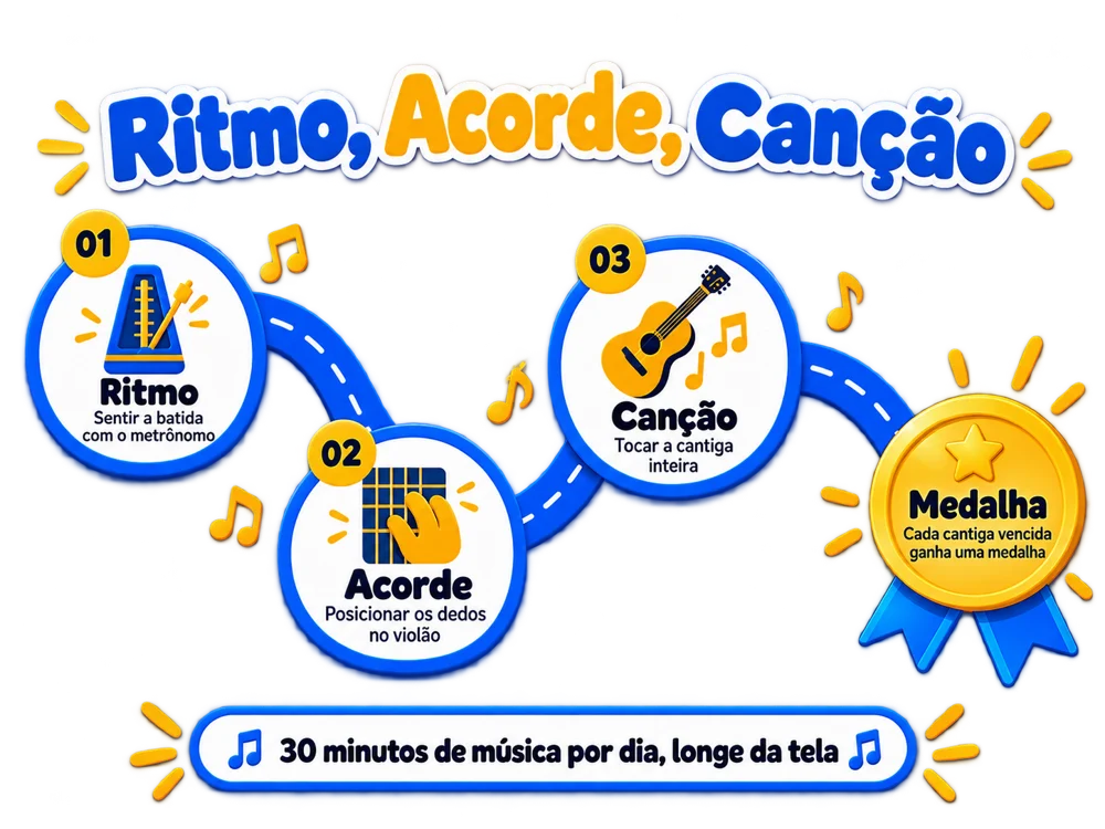 Método Ritmo, Acorde, Canção: 1 Ritmo, sentir a batida com o metrônomo. 2 Acorde, posicionar os dedos no violão. 3 Canção, tocar a cantiga inteira. Cada cantiga vencida ganha uma medalha.